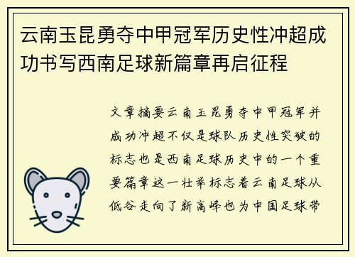 云南玉昆勇夺中甲冠军历史性冲超成功书写西南足球新篇章再启征程